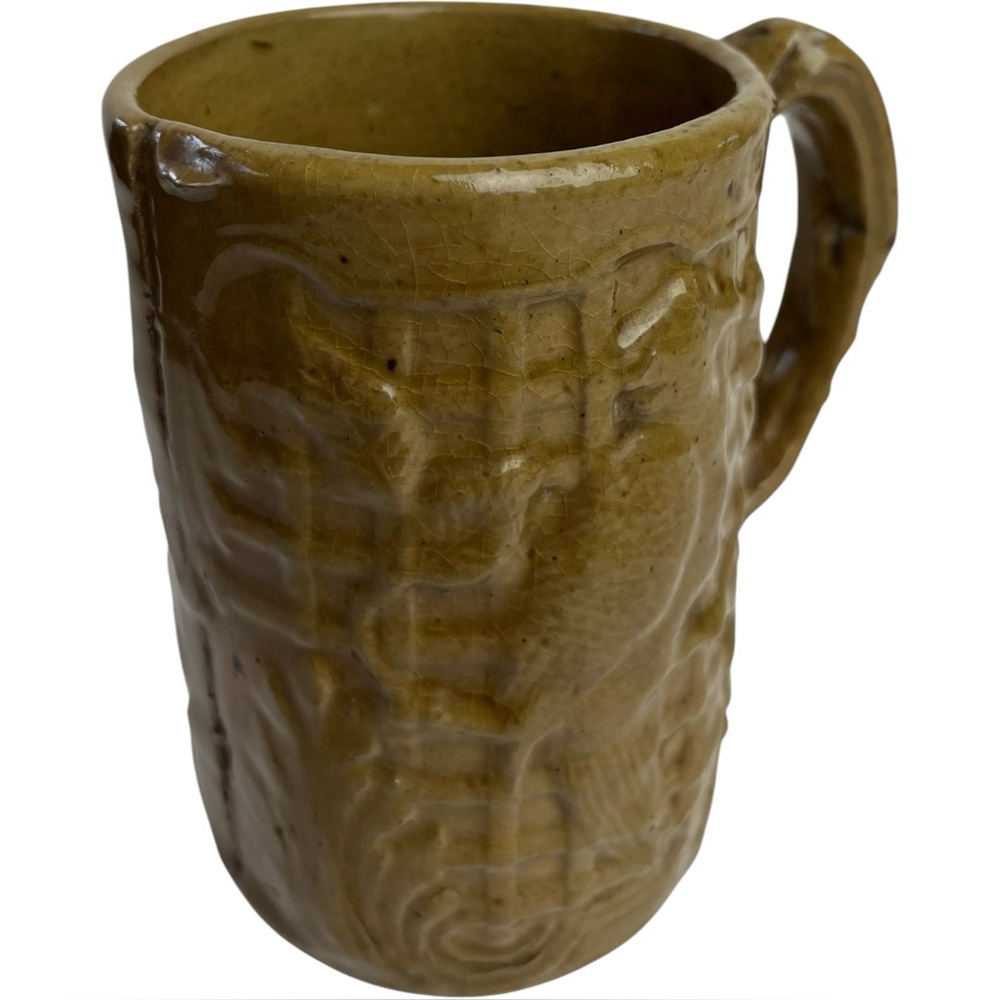 Antique Early American Stoneware Yelloware Parrot Cockatoo Bird Mug Cup Rustic